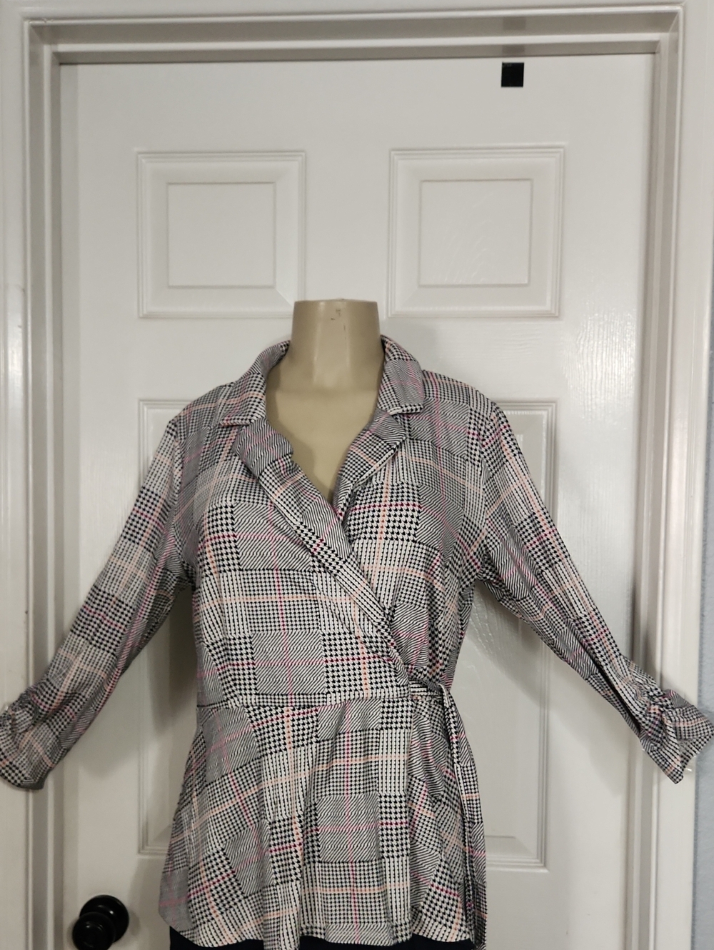 PerSeption Concept Plaid Wrap Blouse - Pink, Black, White